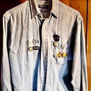 Ralph Lauren Light Blue Denim Button-Up Shirt with Patch Pins